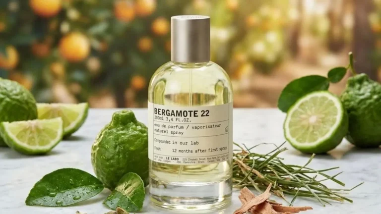 عطر با بوی ترنج؛ بطری‌های عطر با رایحه ترنج در پس‌زمینه‌ای مرکباتی