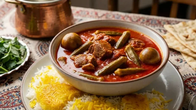 خورش بامیه و بادمجان با سس غلیظ و بادمجان‌های سرخ شده