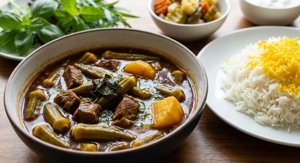 خورش گیاهی بامیه و بادمجان تهیه شده با سس گوجه فرنگی