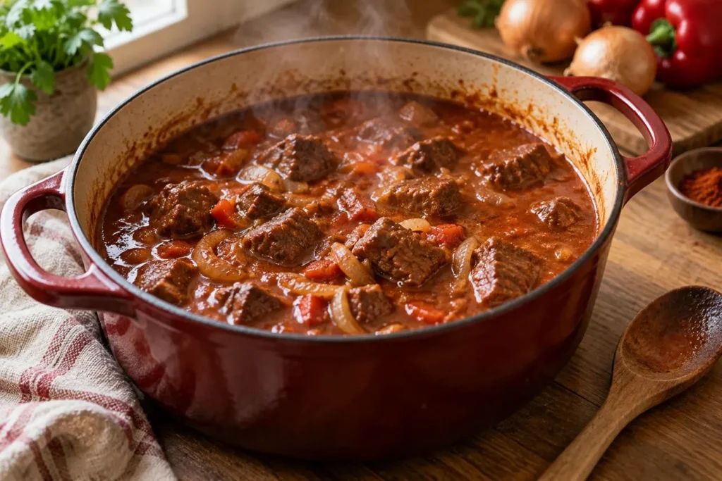 افزودن بامیه سالم به خورش گوجه فرنگی و گوشت در قابلمه