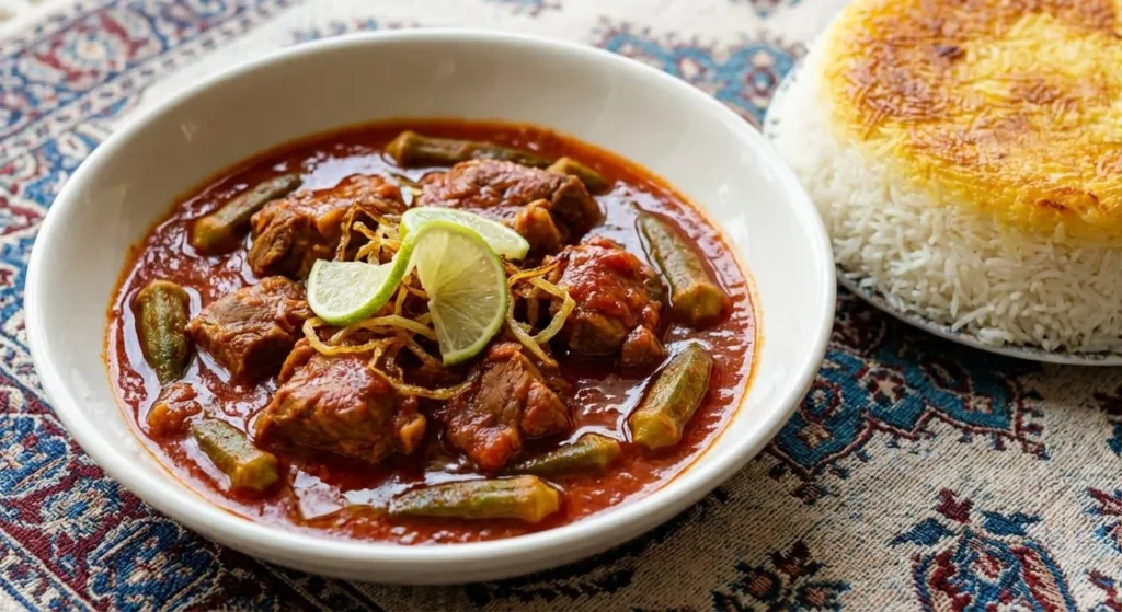 خورش بامیه و بادمجان سرو شده همراه برنج زعفرانی ایرانی