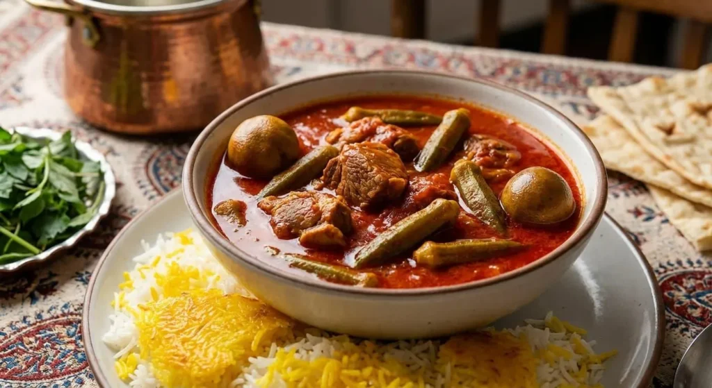 سفره ایرانی با خورش بامیه و بادمجان، برنج زعفرانی، سبزی خوردن و ترشی