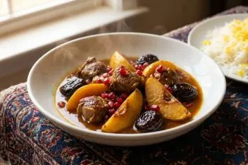 خورشت به اصفهانی؛ مواد اولیه خورشت به شامل میوه به، گوشت، پیاز و چاشن