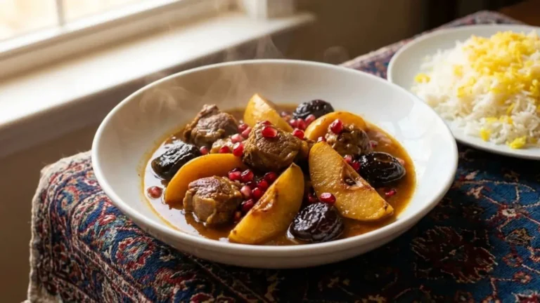 خورشت به اصفهانی با تکه‌های به و گوشت نرم در کنار برنج زعفرانی