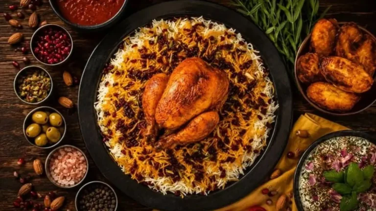 تصویر زرشک پلو با مرغ مخلوط با برنج زعفرانی و زرشک قرمز