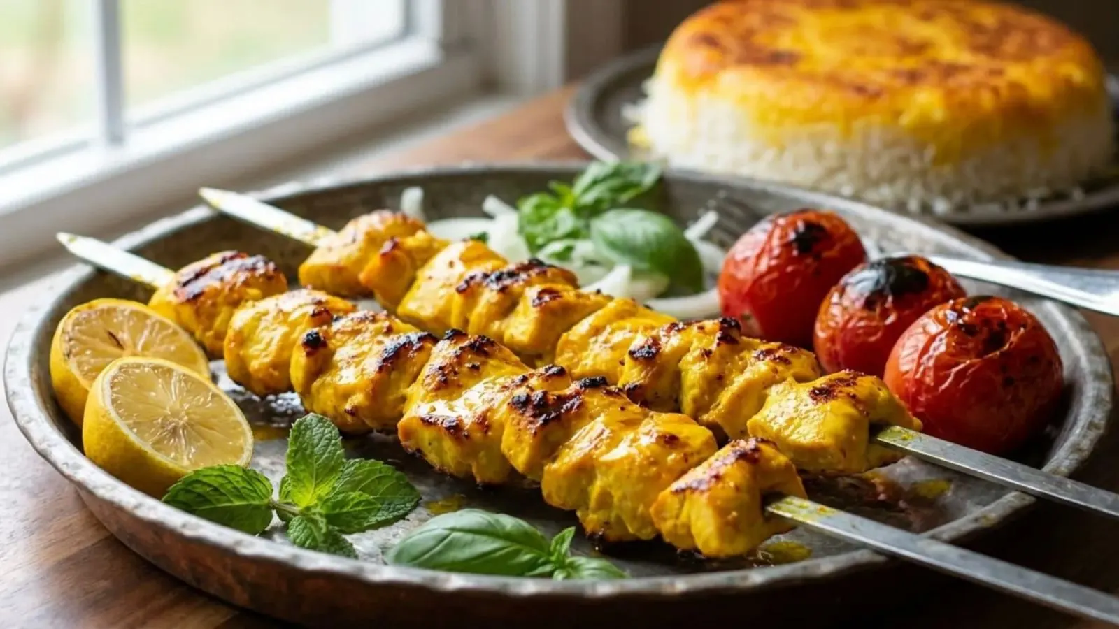 تصویر جوجه کباب نرم و آبدار با ماست و زعفران با رنگ طلایی و عطر زعفران