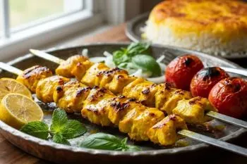 تصویر جوجه کباب نرم و آبدار با ماست و زعفران با رنگ طلایی و عطر زعفران