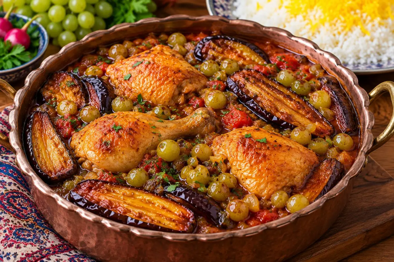 خورش غوره مسما شمالی با مرغ و بادمجان در ظرفی زیبا