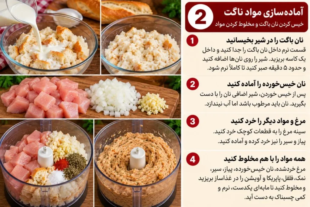 ناگت مرغ خانگی آماده سرو با نان باگت