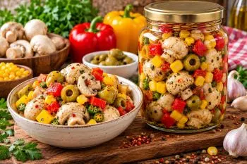 طرز تهیه ترشی قارچ رستورانی؛ ترشی قارچ رستورانی با زیتون و ذرت در ظرف