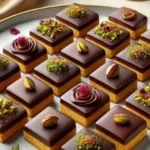 تصویر حلوای سه رنگ مجلسی با سه لایه رنگی و تزئین پسته و گل محمدی