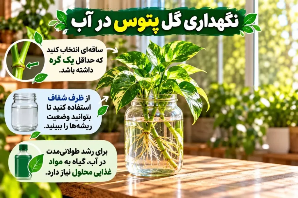 قلمه پتوس در ظرف شفاف آب