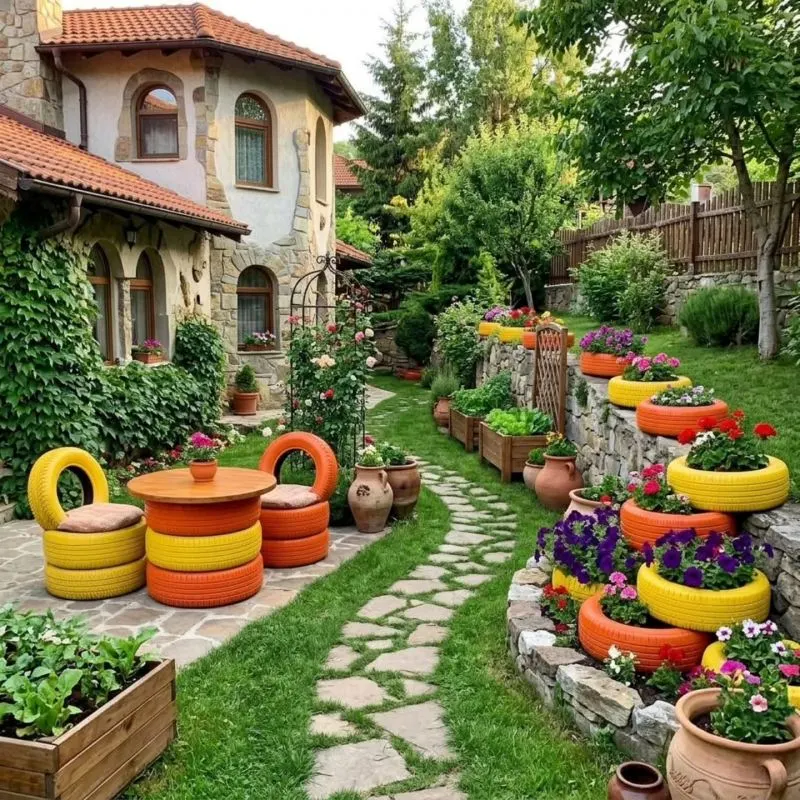 تصویر مرتبط با ایده‌های نوآورانه برای ساخت فضای دنج با لاستیک‌های قدیمی در حیاط