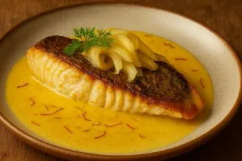ظرف ماهی سفید با سس شیر و زعفران با تزیین سبزیجات تازه