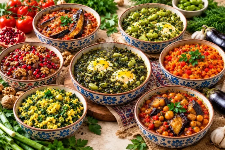 تصویری از خورشت ایرانی بدون گوشت با سبزیجات تازه و رنگ‌های متنوع