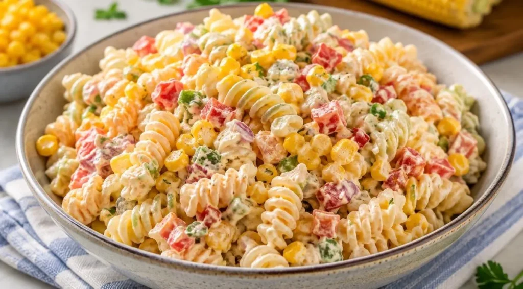 تصویر مرتبط با طرز تهیه سالاد ماکارونی سرد با مرغ و ذرت؛ سالادی رنگارنگ و خوش‌طعم