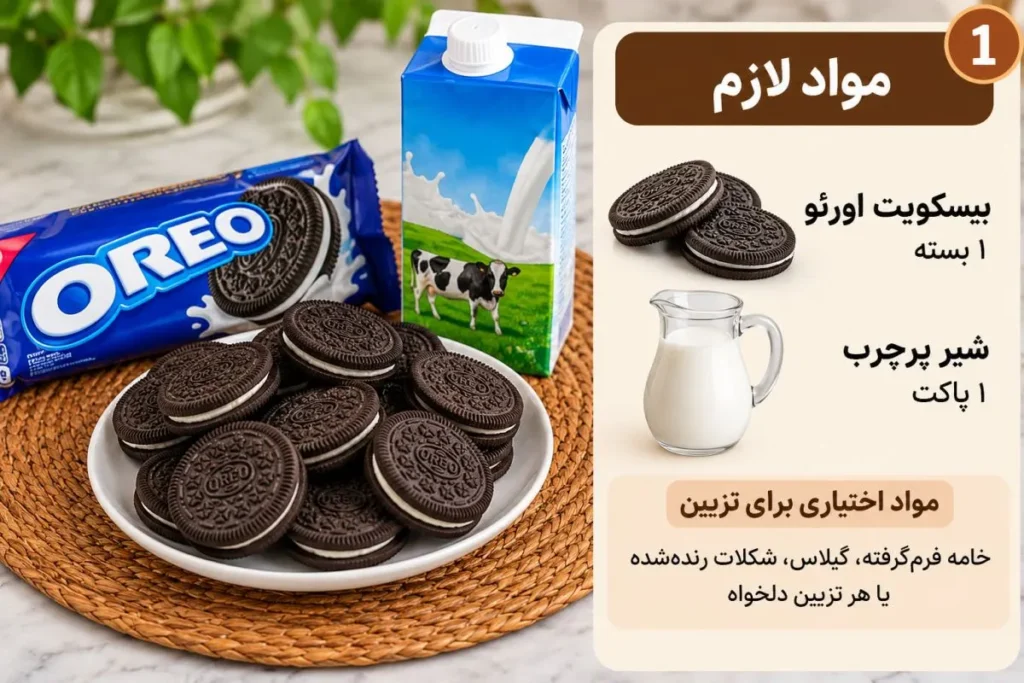 بیسکویت اورئو و شیر برای تهیه کیک شکلاتی فوری