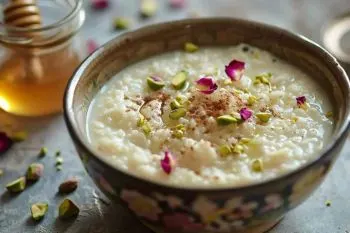 شیر برنج مجلسی تزیین شده با گلبرگهای خوراکی و شکر دانهریز