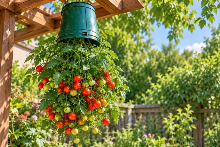 کاشت وارونه گوجه فرنگی؛ گلدان آویزان با گوجه فرنگی‌های تازه در فضای