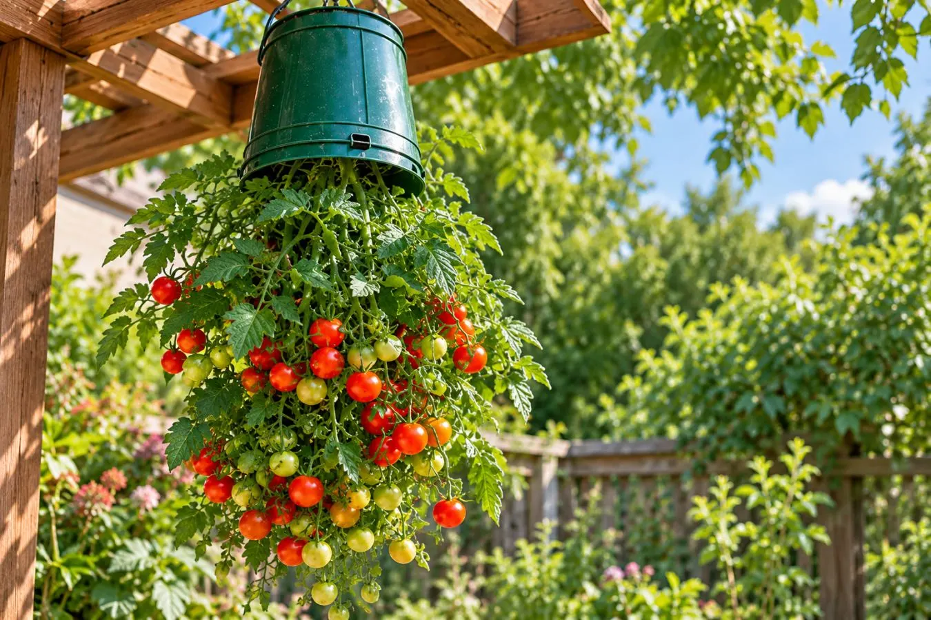 کاشت وارونه گوجه فرنگی؛ گلدان آویزان با گوجه فرنگی‌های تازه در فضای