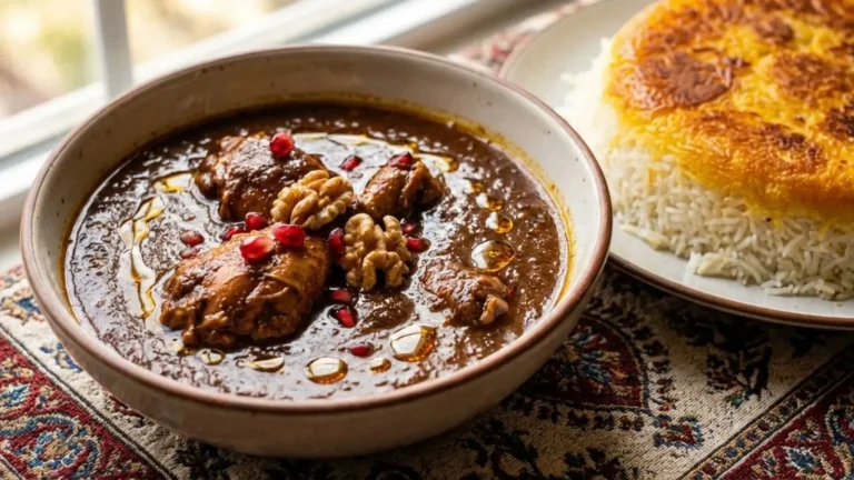 مرغ با سس انار و گردو؛ مرغ پخته شده با سس انار و گردو در ظرف سفید