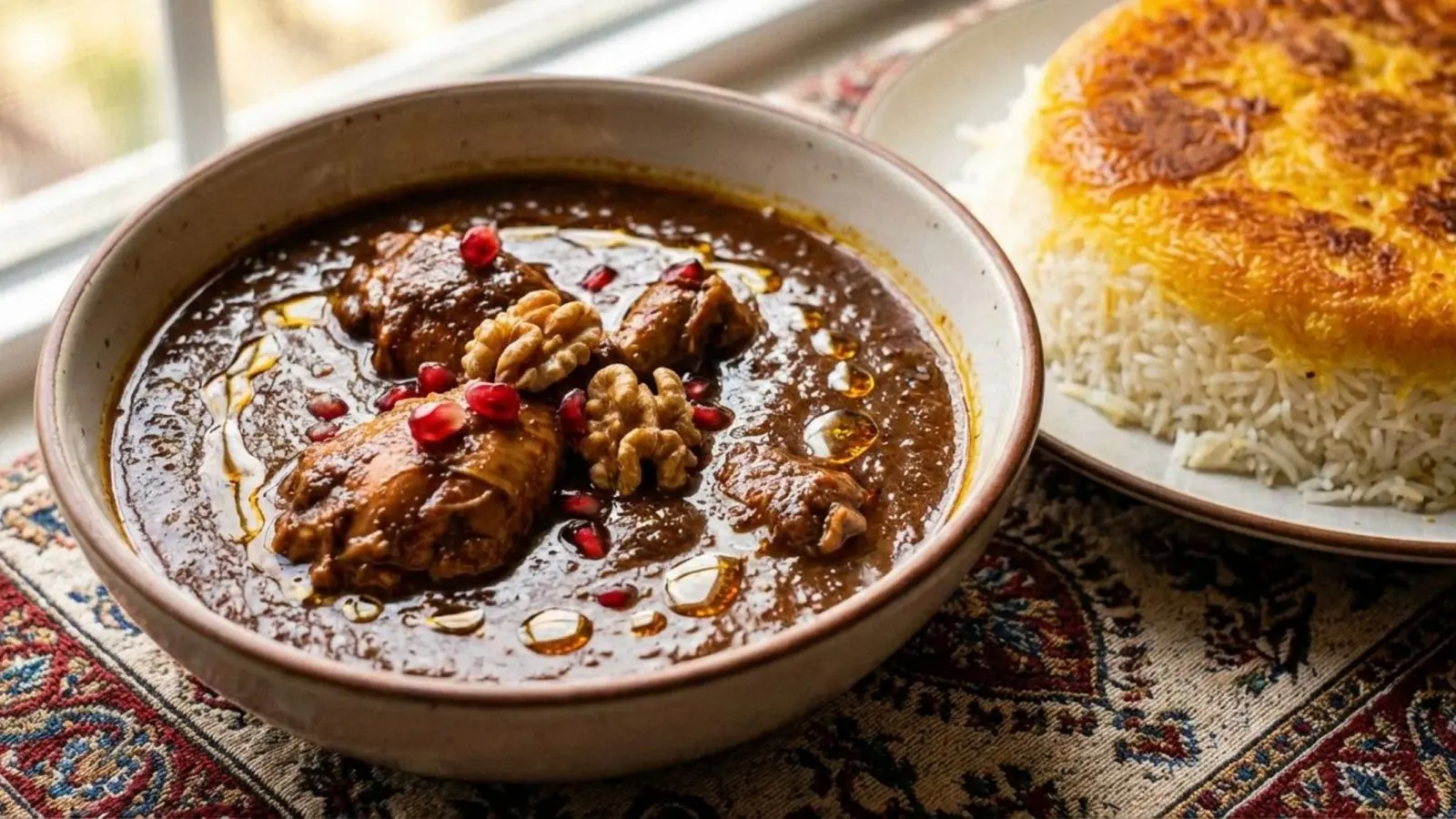 مرغ با سس انار و گردو؛ مرغ پخته شده با سس انار و گردو در ظرف سفید