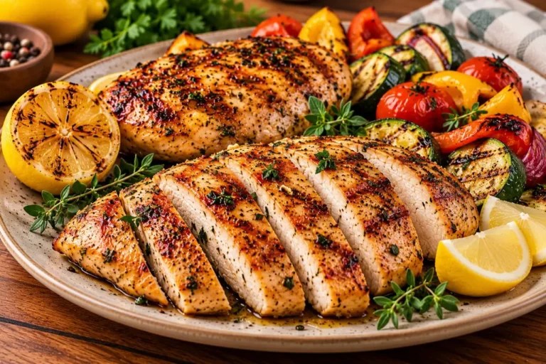 استیک مرغ آبدار و خوش‌طعم روی بشقاب سفید
