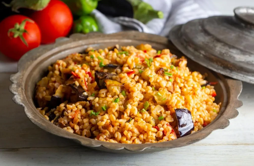 تصویر مرتبط با طرز تهیه بلغور پلو ترکیه ای با بادمجان؛ غذایی خوشطعم و متفاوت