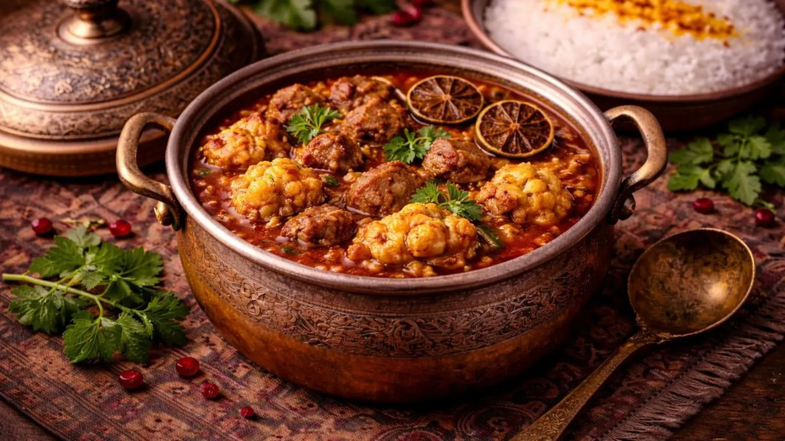 خورش گل کلم شمالی خوش‌عطر با رب انار و سبزی‌های معطر در ظرف سرو