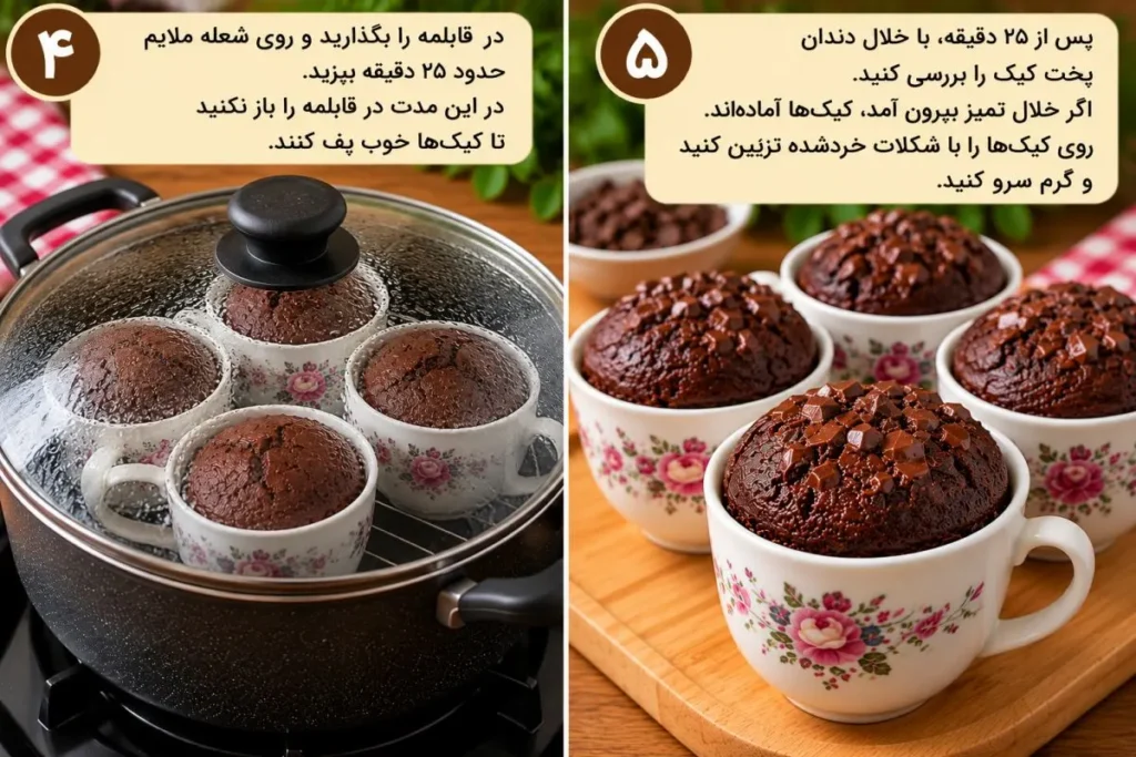 کیک شکلاتی فنجانی نرم و پف دار بدون فر با قابلمه