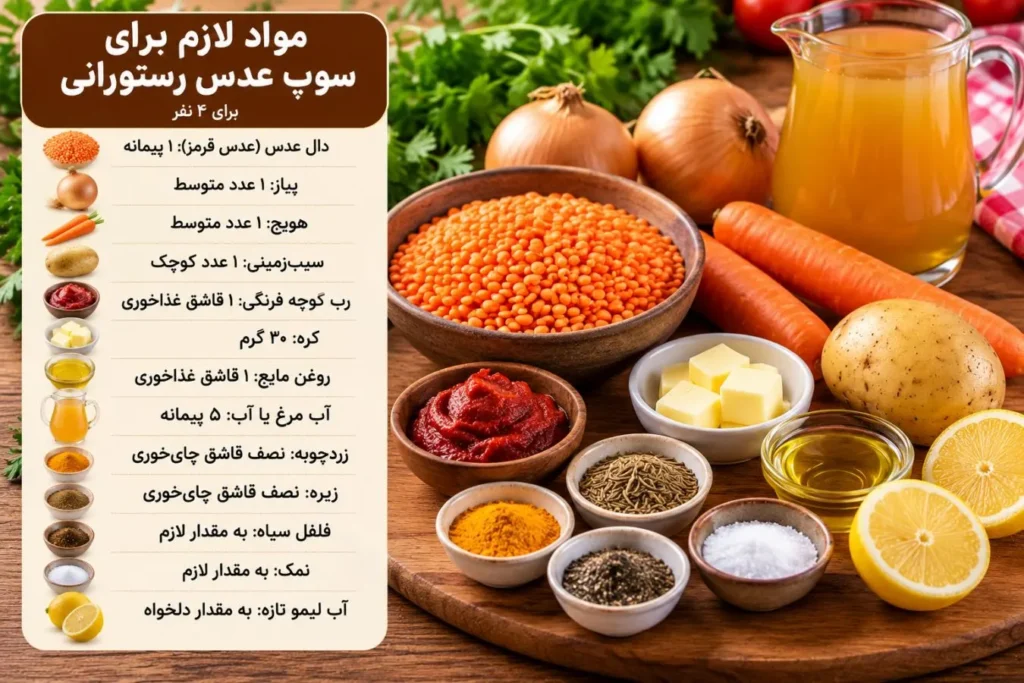 پیاز، هویج، سیب‌زمینی و عدس آماده برای پخت سوپ
