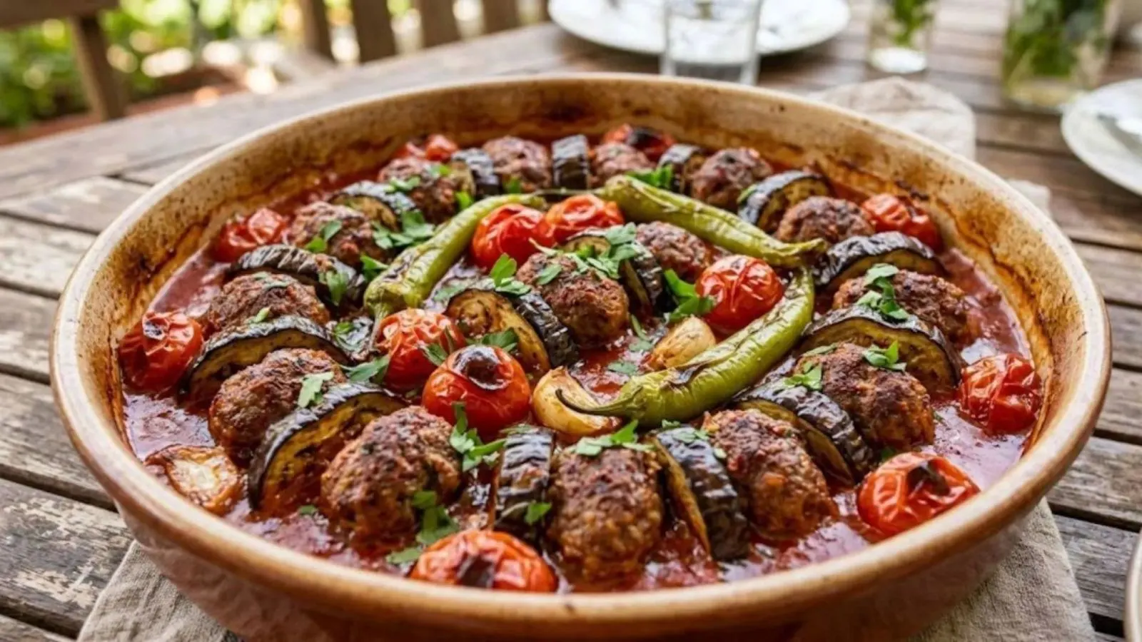 کباب بادمجان با گوشت و سس مخصوص در ظرف سرو