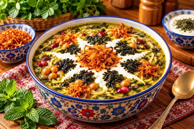 برای خوشمزه‌تر شدن آش رشته؛ آش رشته خوشمزه و لعاب‌دار در کاسه سفید