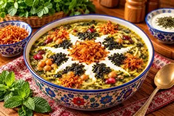 برای خوشمزه‌تر شدن آش رشته؛ آش رشته خوشمزه و لعاب‌دار در کاسه سفید