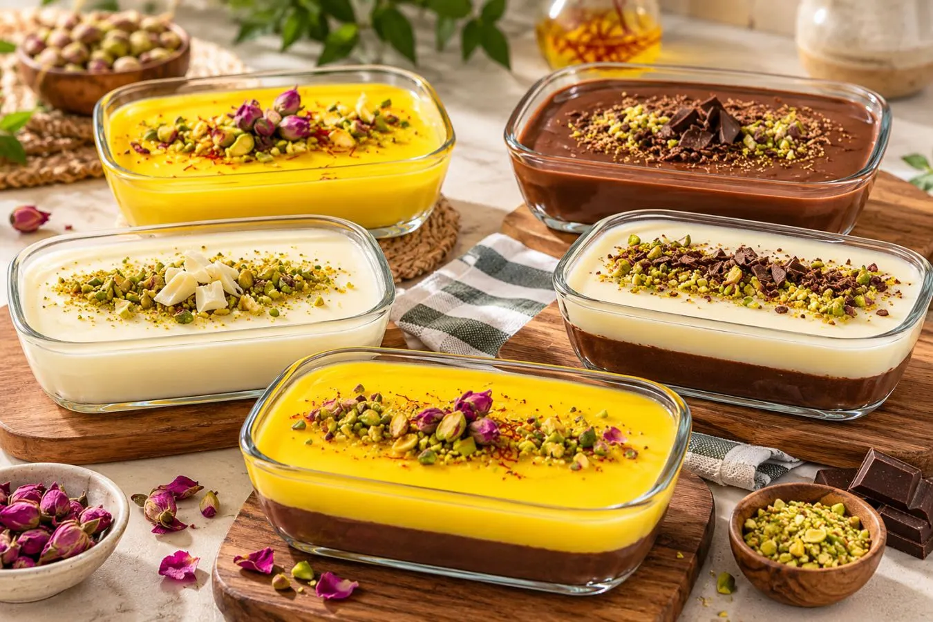 طرز تهیه ۵ مدل دسر؛ دسر مشکوفی خوشمزه با شیر و نشاسته در ظرف شیشه‌ای