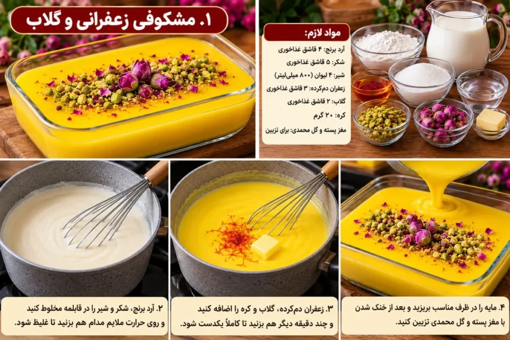 انواع دسر مشکوفی با طعمهای متنوع و رنگهای مختلف