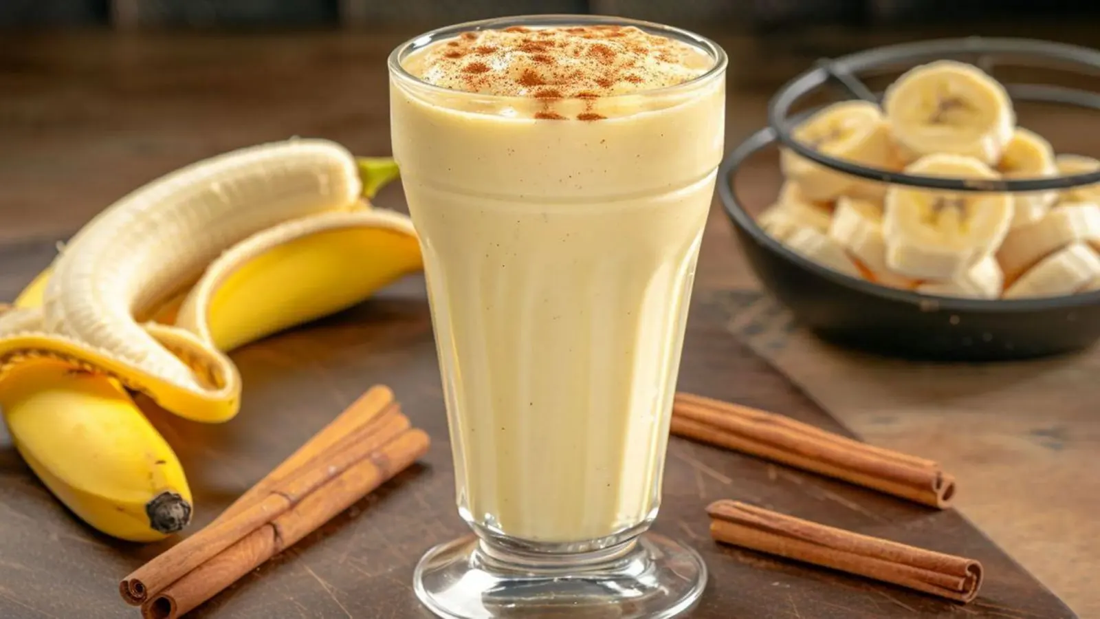 یک لیوان شیرموز خانگی غلیظ و خوش‌عطر با برش موز تازه