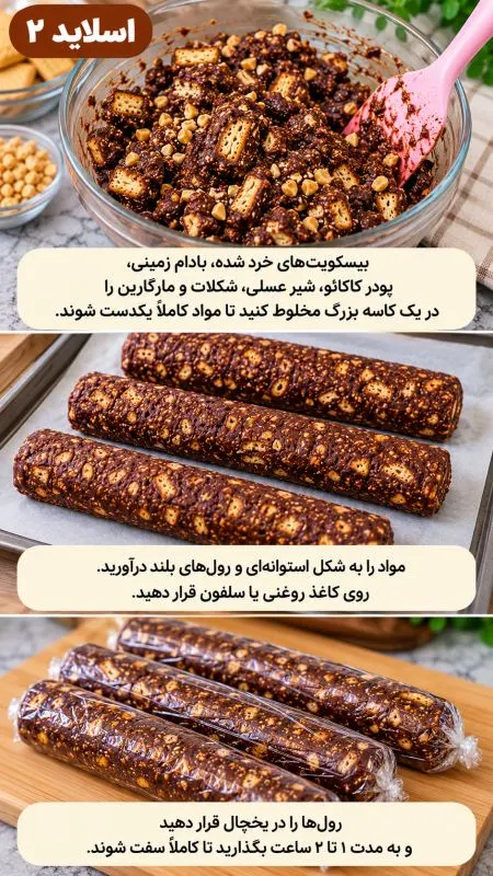 شکلات بیسکویتی مغزدار بدون فر با روکش شکلاتی براق