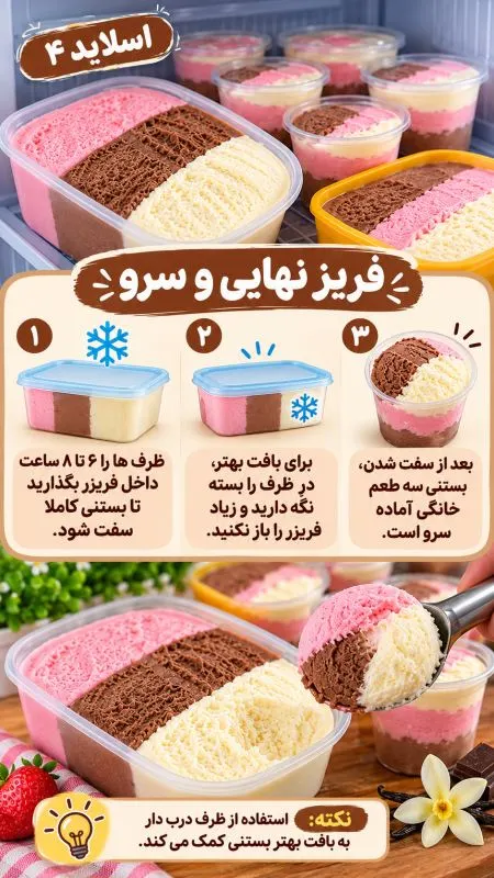 بستنی سه رنگ خانگی آماده سرو