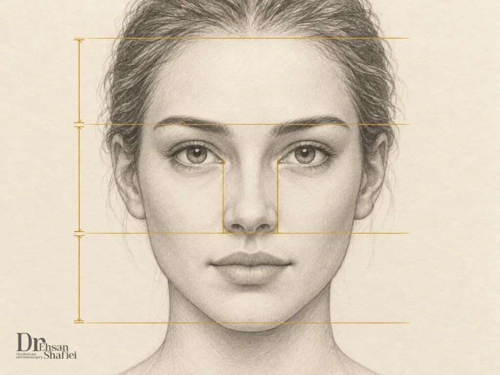 تقسیم چهره به سه بخش برابر در طراحی و جای بینی در آن